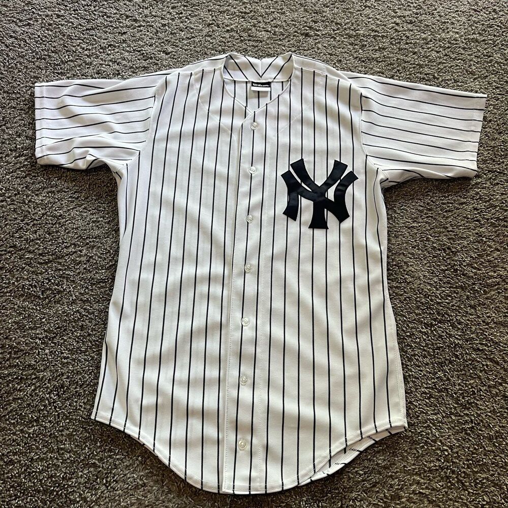 Vintage 90s Wilson New York Yankees Baseball Jersey Pinstripe White Black Sz 36 - Picture 1 of 8